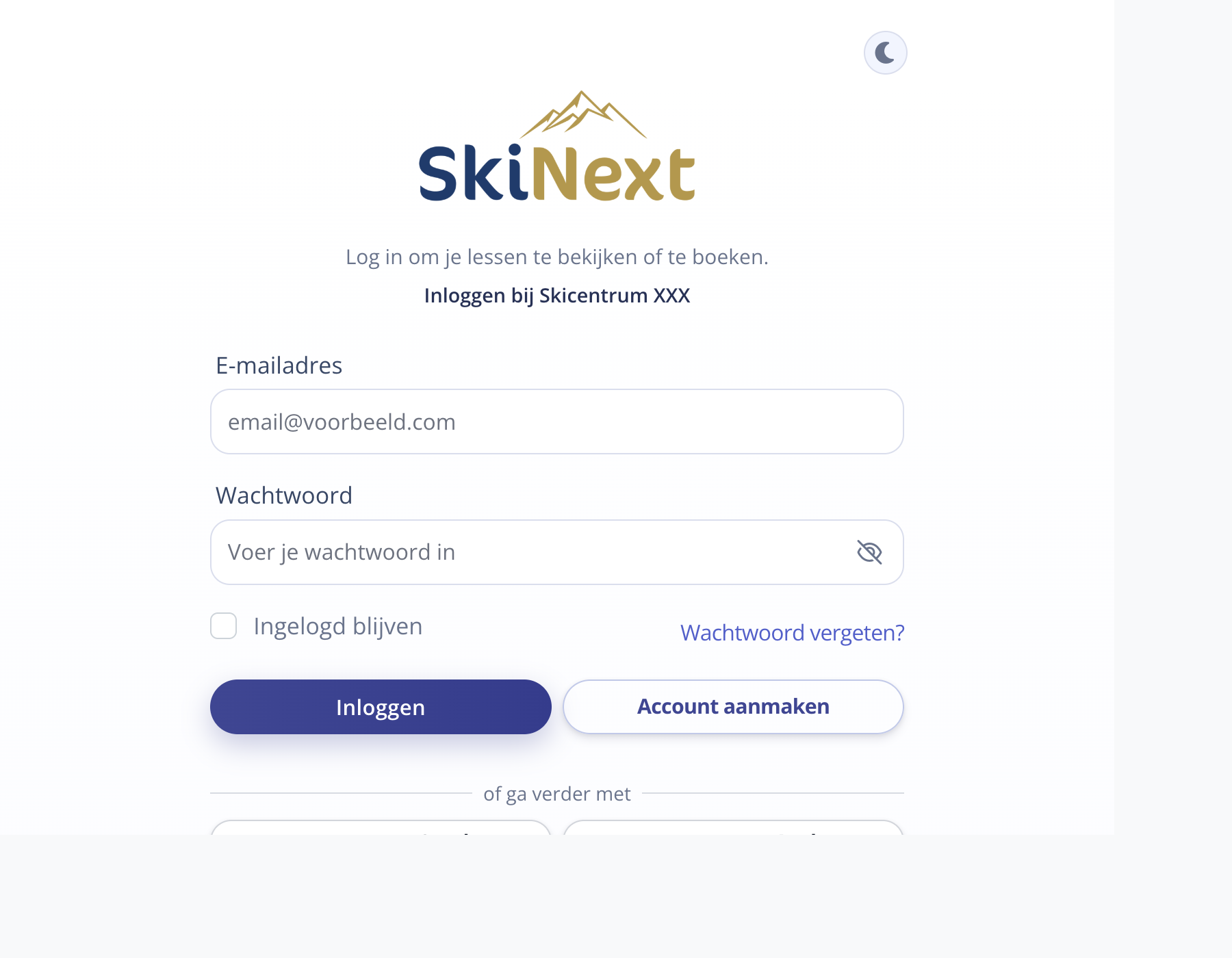 Echte inlogpagina van het SkiNext-platform met logo en huisstijl