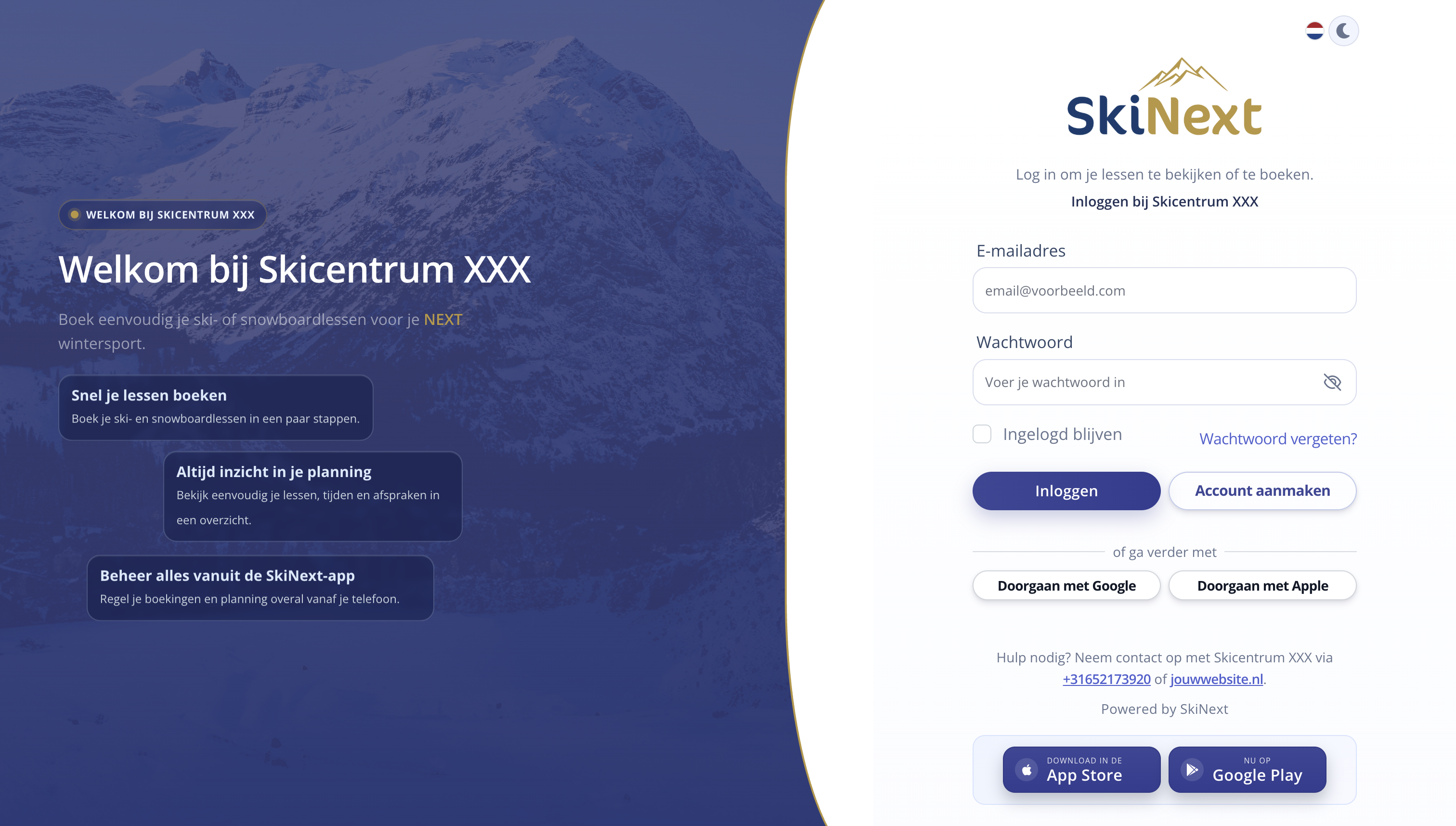 SkiNext-loginpagina met Google- en Apple-login
