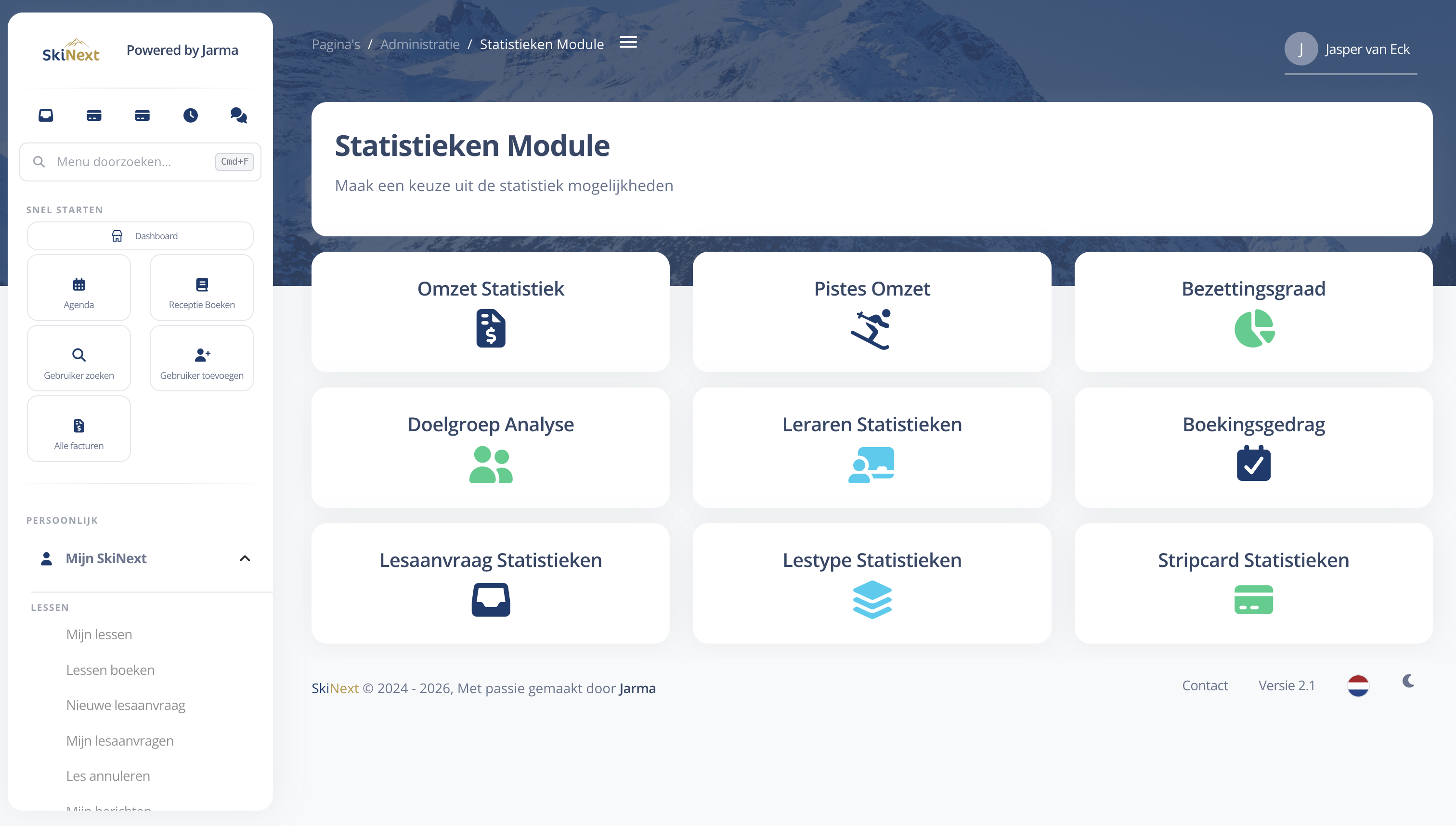 SkiNext-statistiekenmodule met rapportagekeuzes